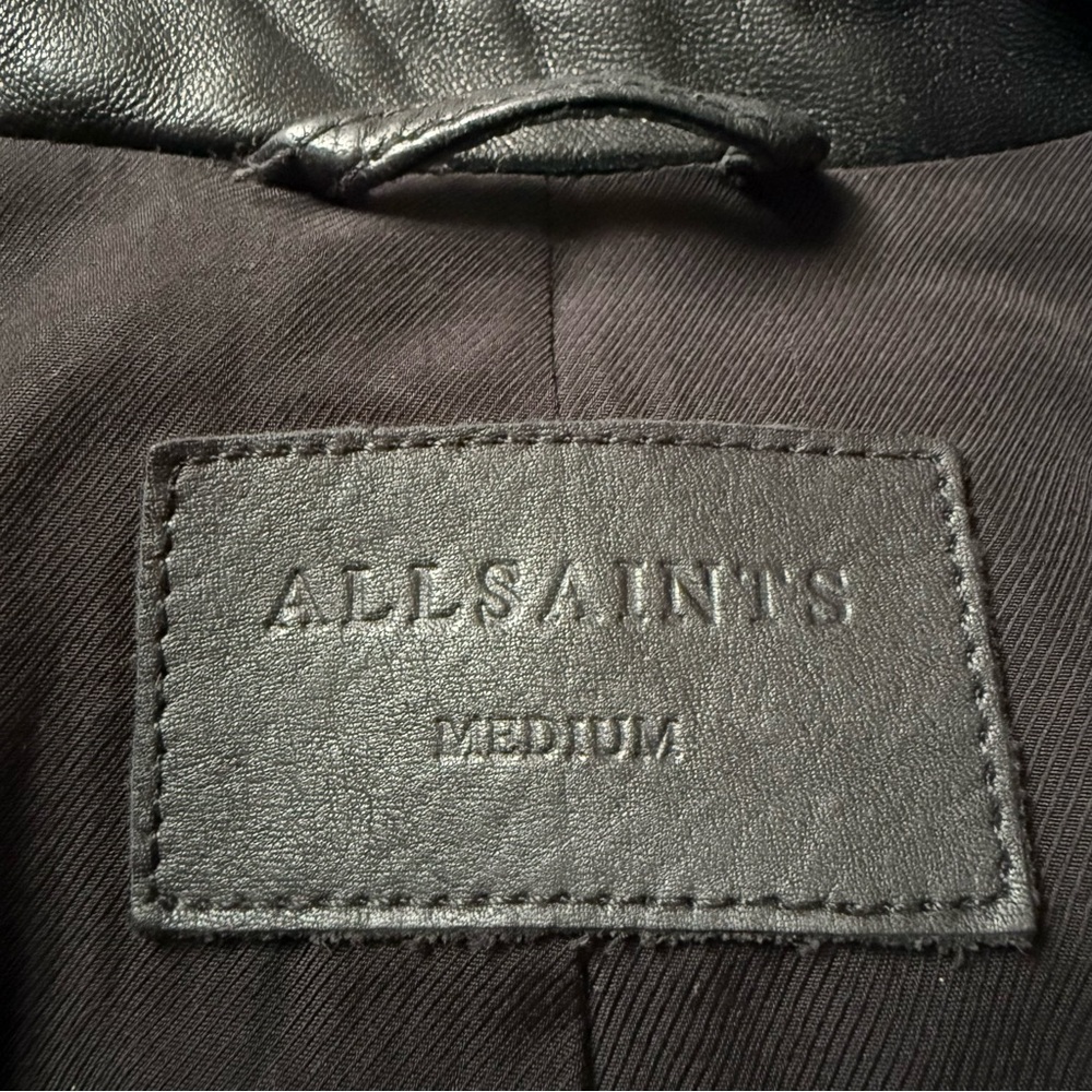ALLSAINTS Black Leather Moto Jacket Ruffle Sleeve Detail Biker Belted Medium - Picture 5 of 7